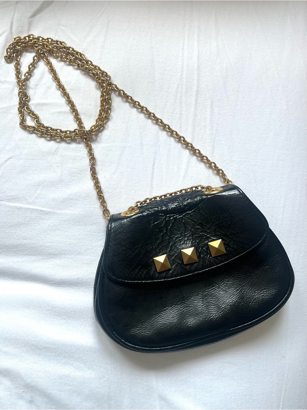Foley + Corinna Black Leather Crossbody Belt Bag with Gold Studs and Chain